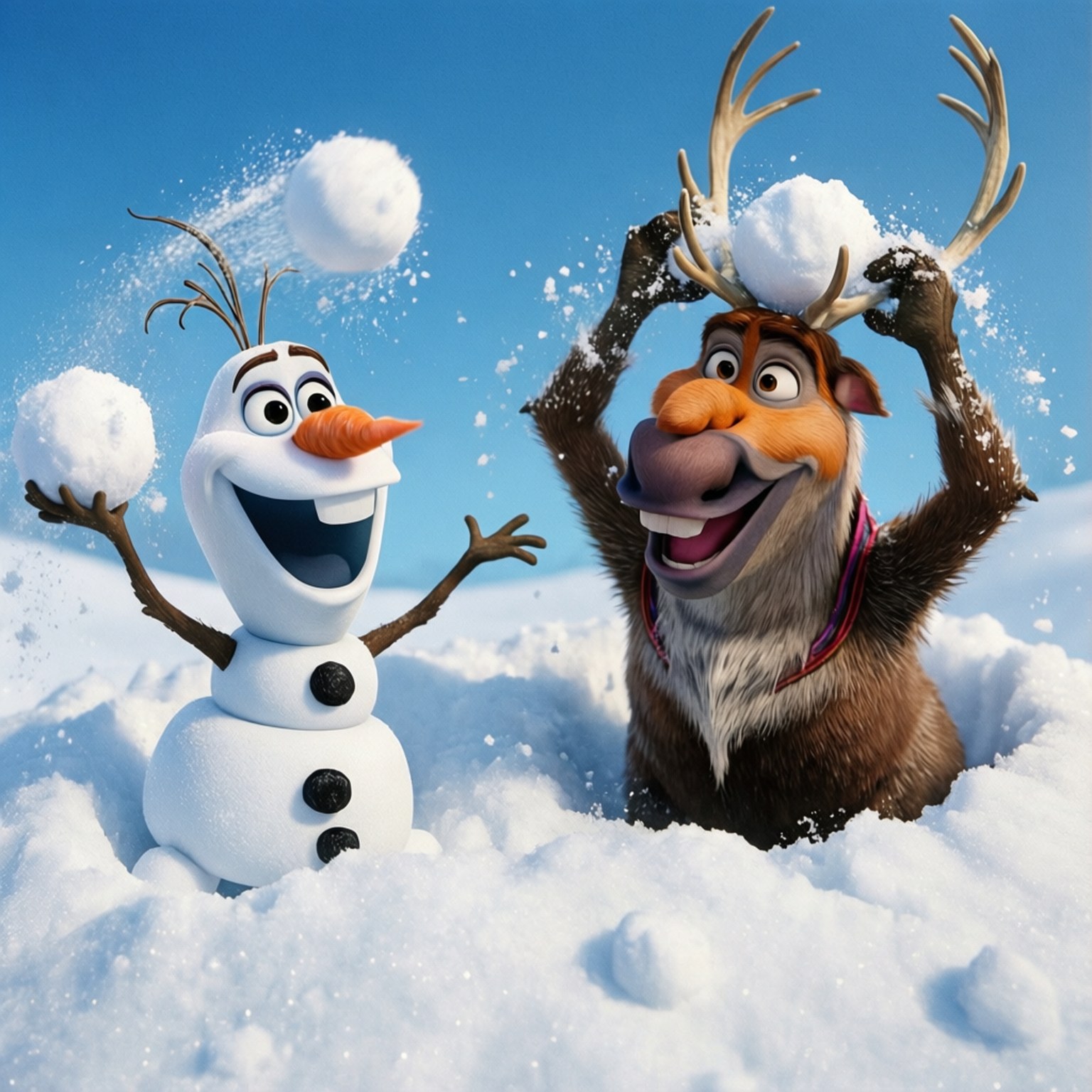Olaf 和一隻馴鹿在深雪中，在清澈的藍天下玩耍擲雪球。
