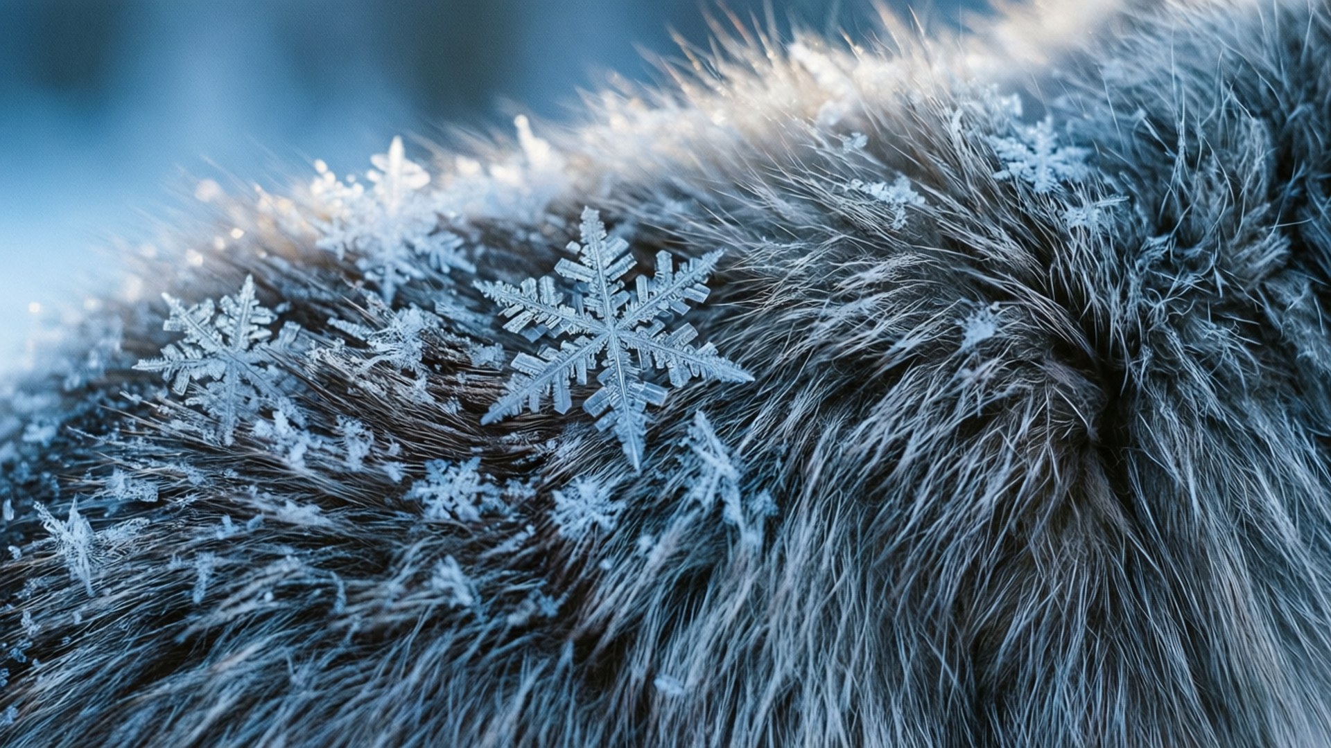 Snowy Fur Texture 壁紙 — 精緻的雪花在柔和的藍光下停留在有紋理的灰色毛皮表面上。