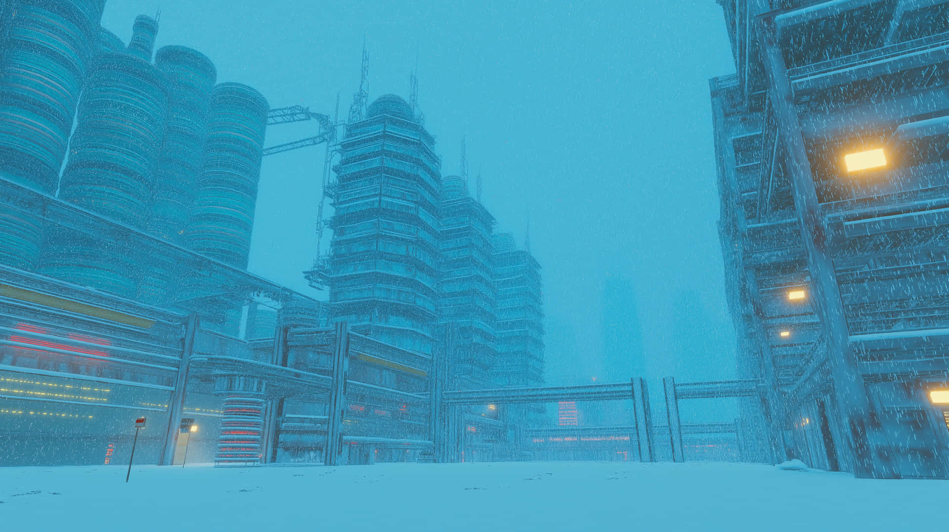 白雪覆蓋著一座未來主義的工業城市，燈光閃爍，建築高聳。