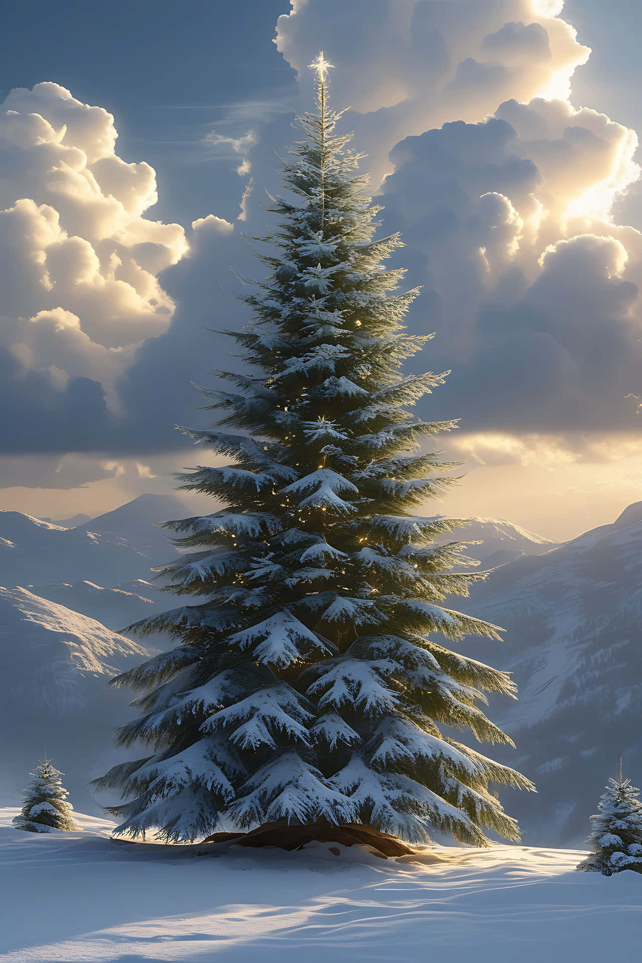 金色日落與戲劇性雲層中的山谷雪松