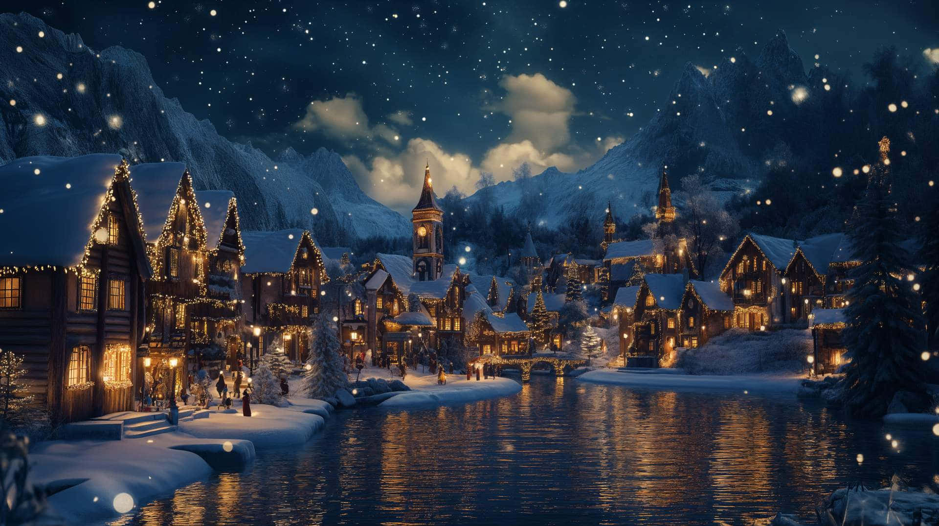  壁紙 — 一個被雪覆蓋的山村夜晚，溫暖的燈光映照在平靜的河面上，星空璀璨。