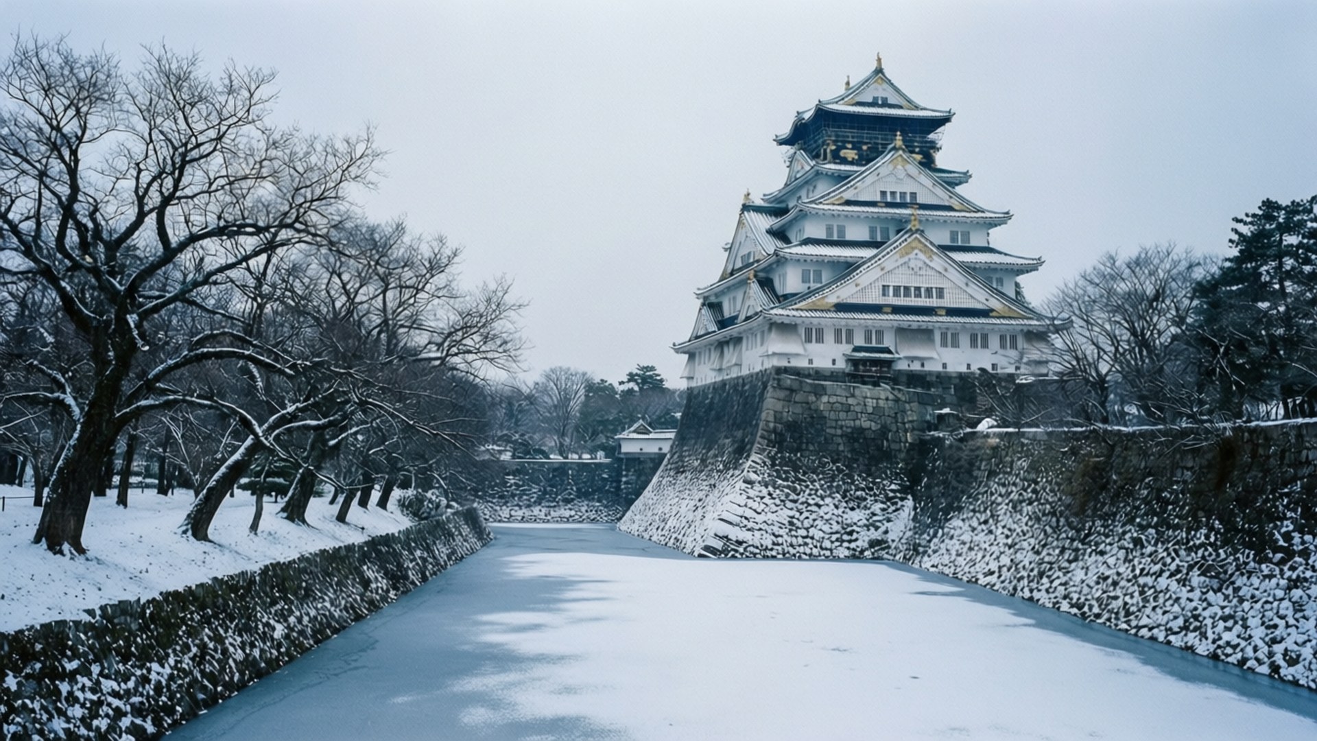 一條被雪覆蓋的小路通向一座傳統的日本城堡，帶有金色屋頂和石牆。