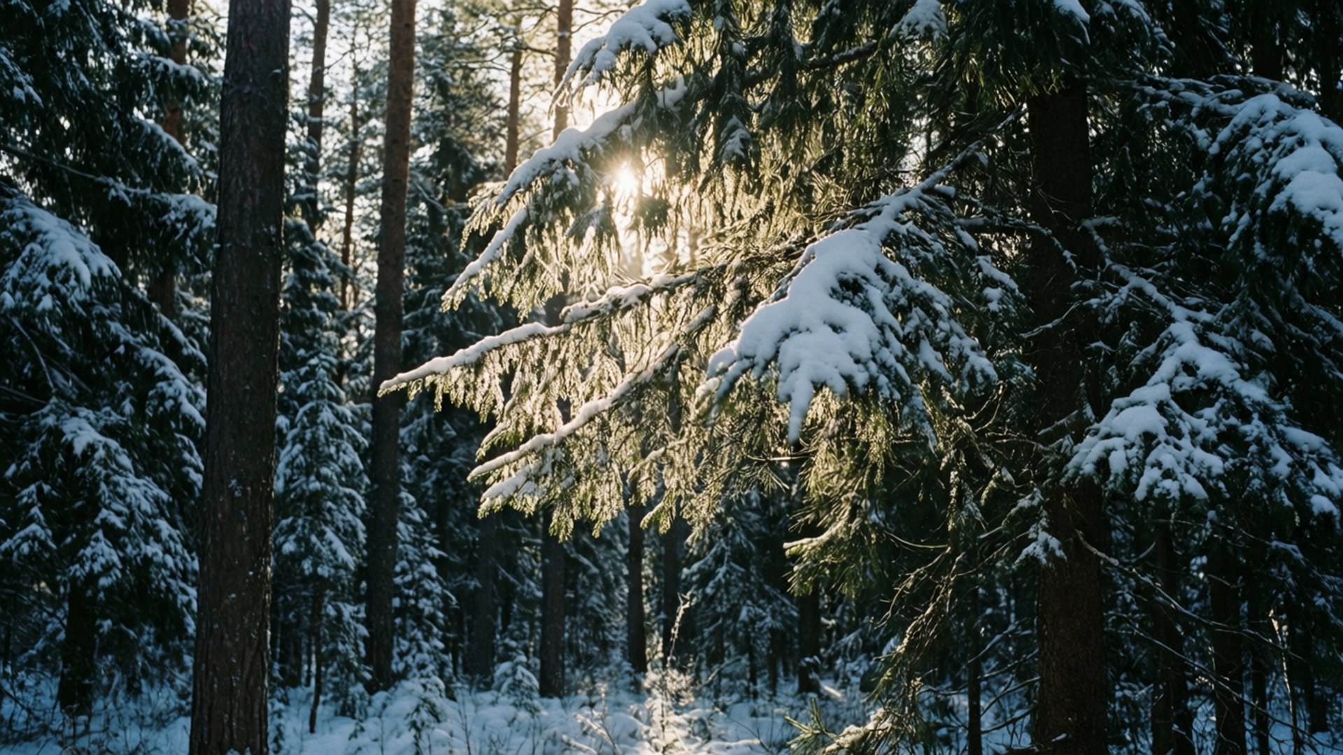白雪覆蓋的松樹，冬季森林，陽光穿過樹枝
