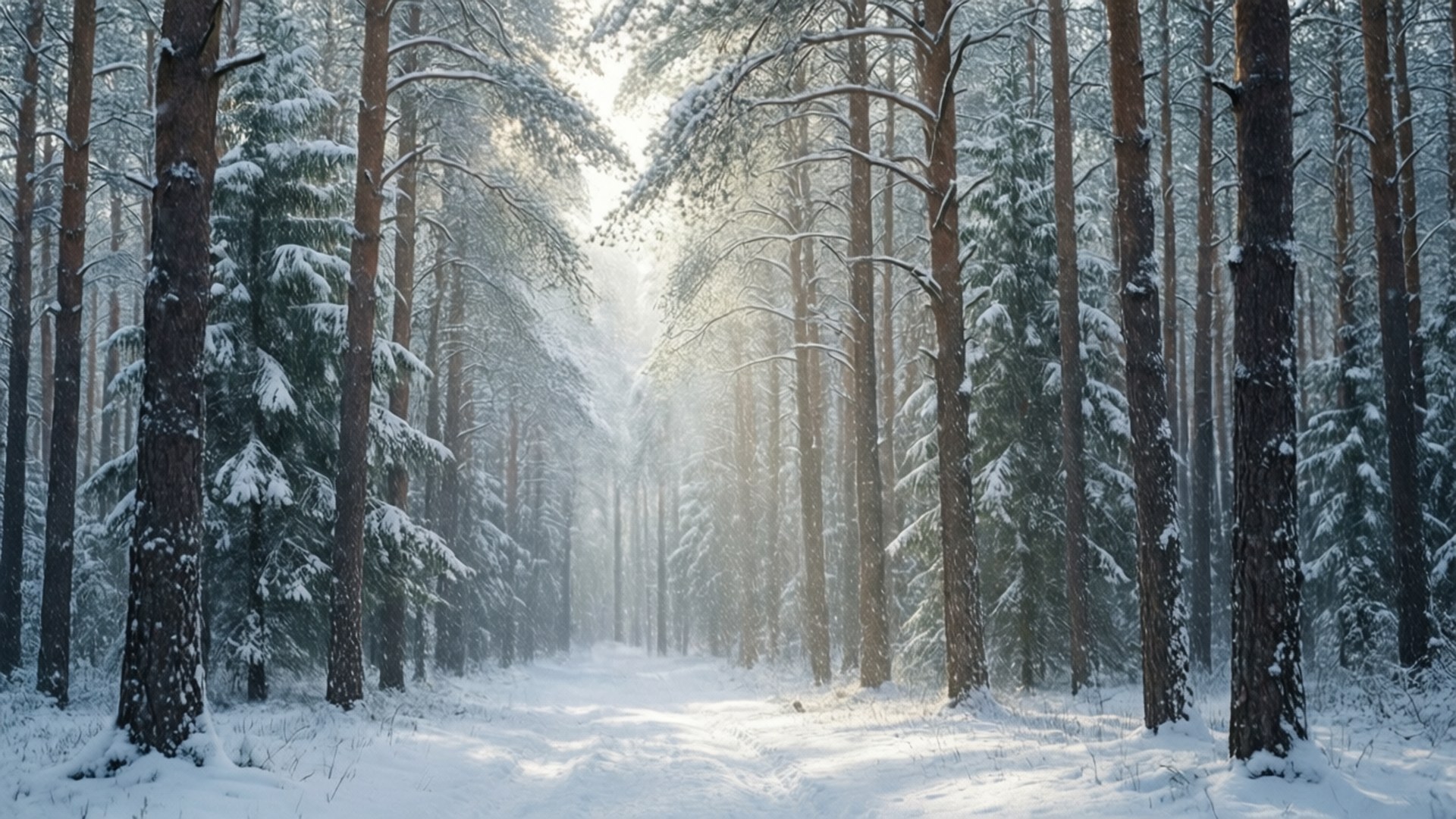 白雪覆蓋的松樹林小徑，陽光穿過樹木