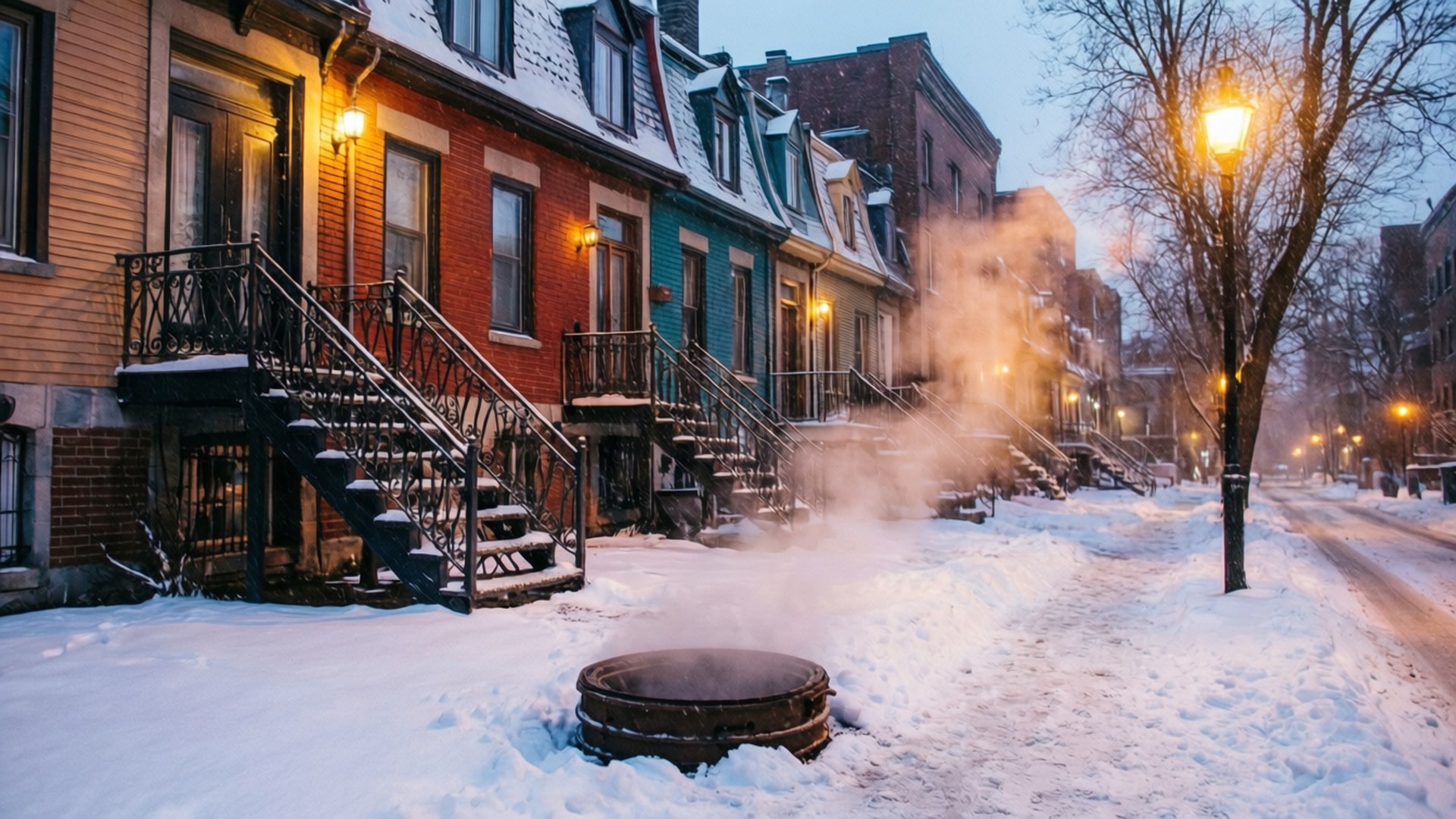 白雪覆蓋的街道，蒸氣從桶中升起，靠近被街燈照亮的色彩繽紛聯排別墅。