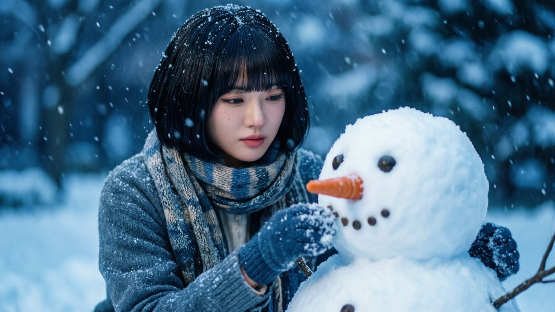 年輕女子在飄雪中戴著圍巾和手套堆雪人