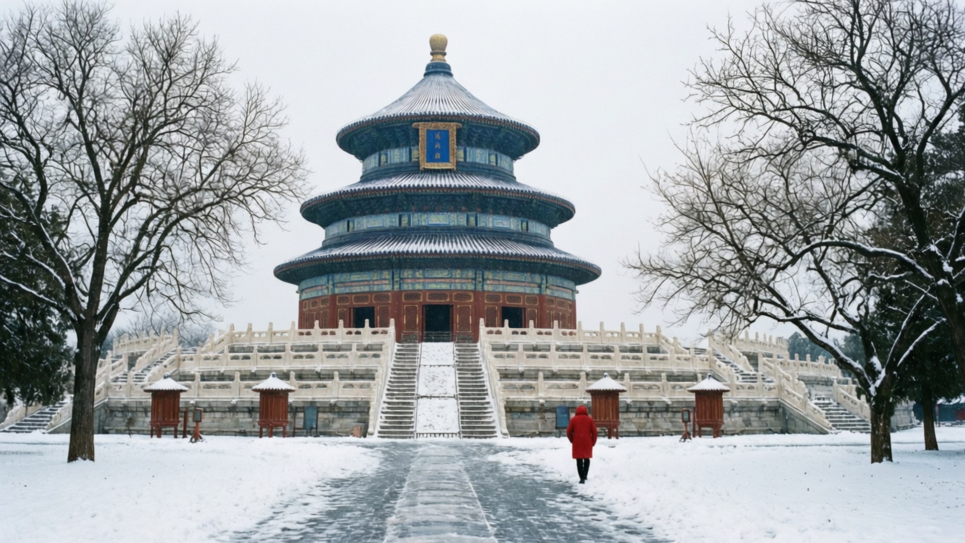 一個穿著紅色外套的人，在冬雪中走向天壇。
