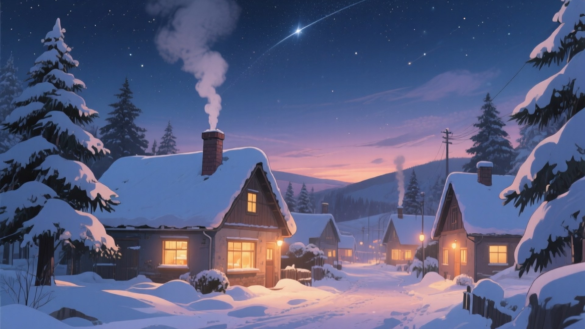 白雪覆蓋的村莊小屋在星光燦爛的暮色天空下溫暖地發光，伴隨著一顆流星。