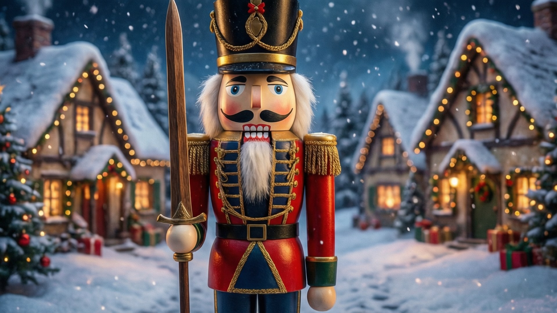 Snowy Village Nutcracker 壁紙 — 一個巨大的胡桃夾子士兵站在夜晚的雪村中，窗戶發光，雪花飄落。