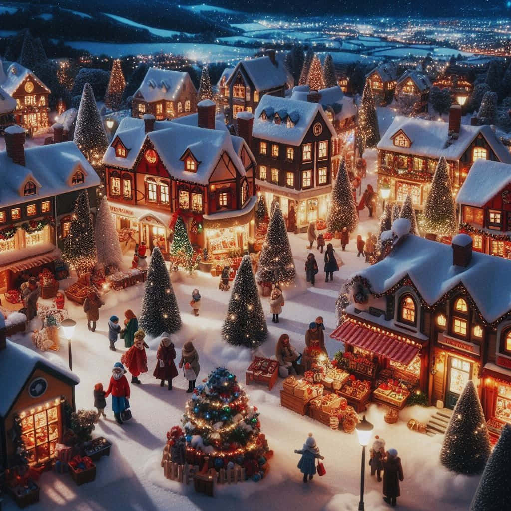  壁紙 — 一個被雪覆蓋的村莊廣場夜景，積雪的房屋和裝飾的樹木上閃爍著聖誕燈光，人們在節日攤位間漫步。