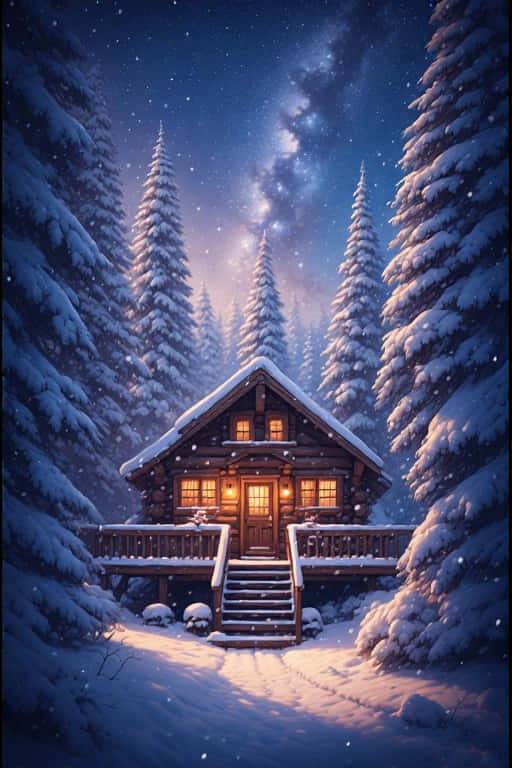 星空下松樹林中白雪覆蓋的發光窗戶小屋