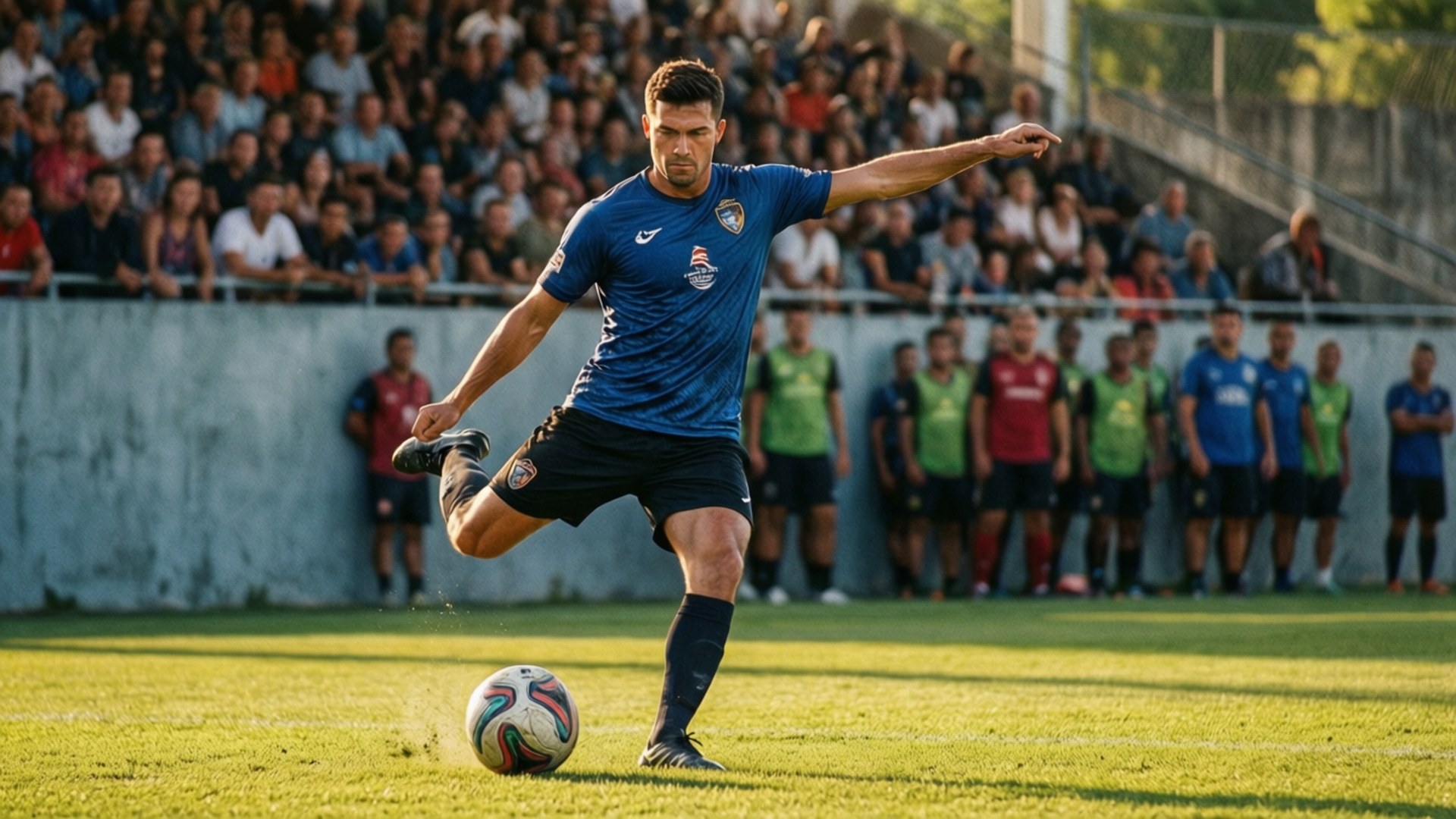 Free Kick Stance 壁紙 — 一名身穿藍色球衣的足球員在陽光明媚的草地上踢球，背景有觀眾和隊友。