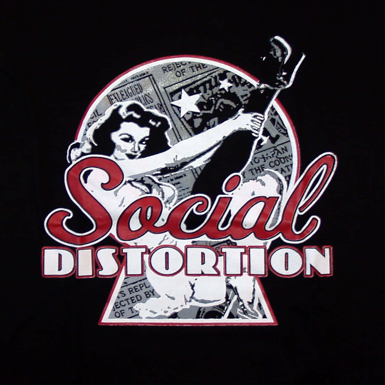 Social Distortion 樂隊標誌，帶有風格化女人同報紙拼貼設計。