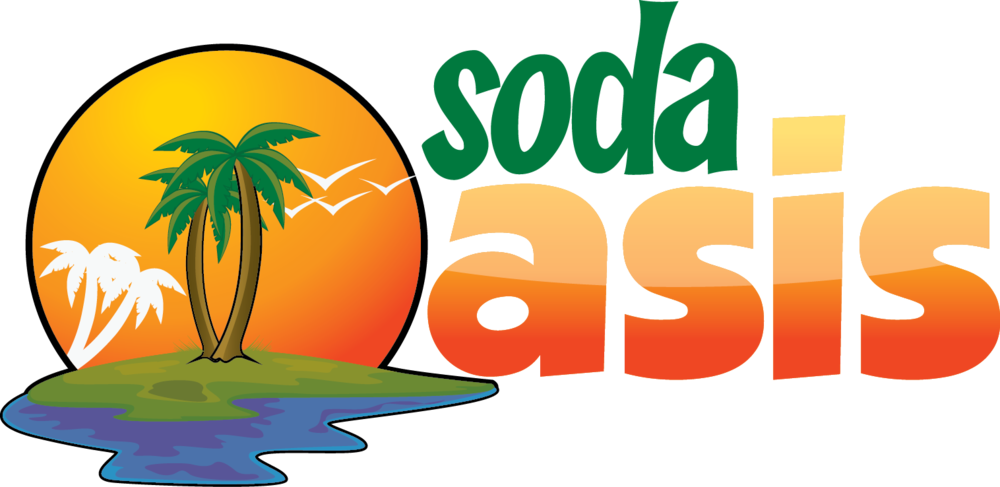 Soda Oasis 標誌 壁紙 — 一個充滿活力的標誌，以熱帶島嶼和棕櫚樹為特色，背景是日落，並以粗體漸變字母顯示文字「soda oasis」。