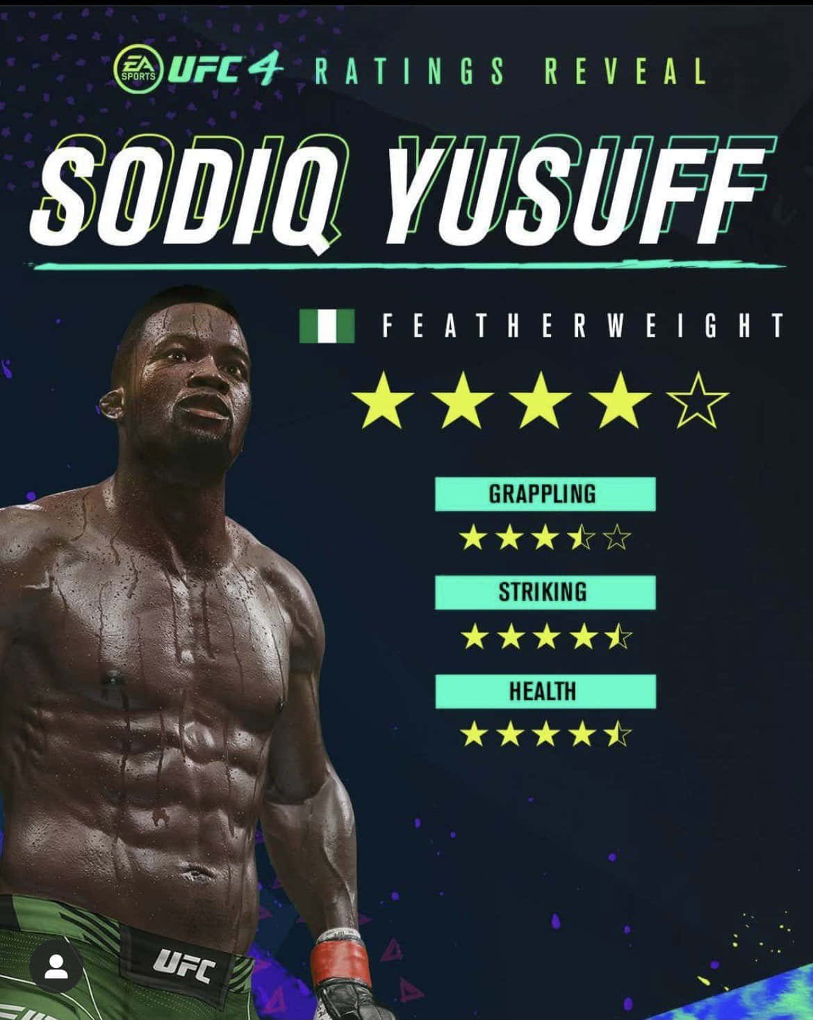 UFC 戰士 Sodiq Yusuff 在視頻遊戲評級揭曉中顯示統計數據。