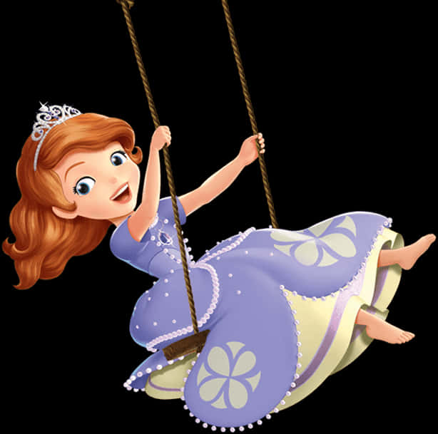 《Sofia The First》索菲亞快樂盪秋千 壁紙 — 一位開心的動畫公主，紅頭髮戴著皇冠，穿著紫色和奶油色的花卉連衣裙，在繩索鞦韆上快樂地盪來盪去。