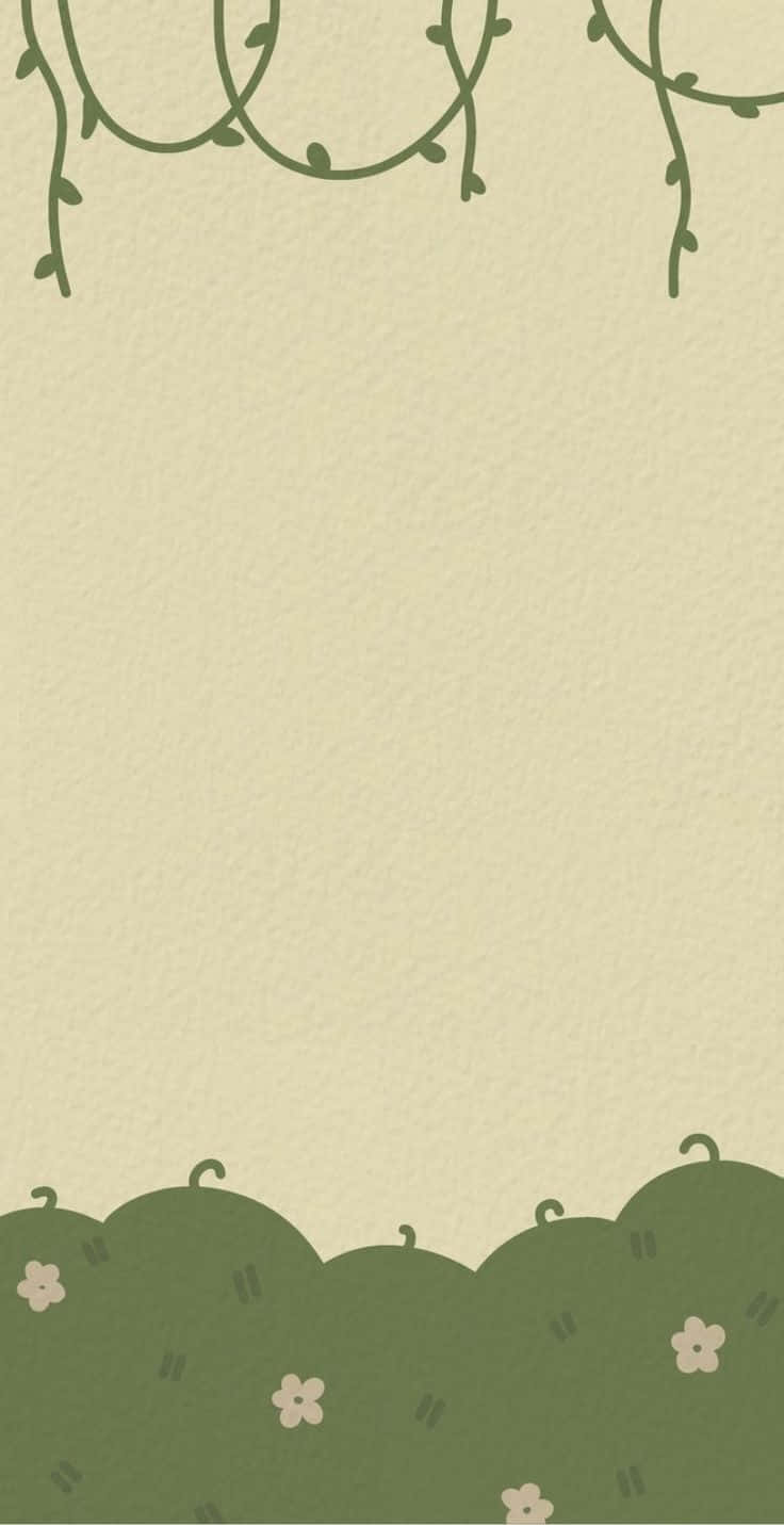 Cottagecore Phone 桌布 壁紙 — 柔和米色背景，頂部有精緻的綠色藤蔓，底部有圓潤的綠色灌木和小花。