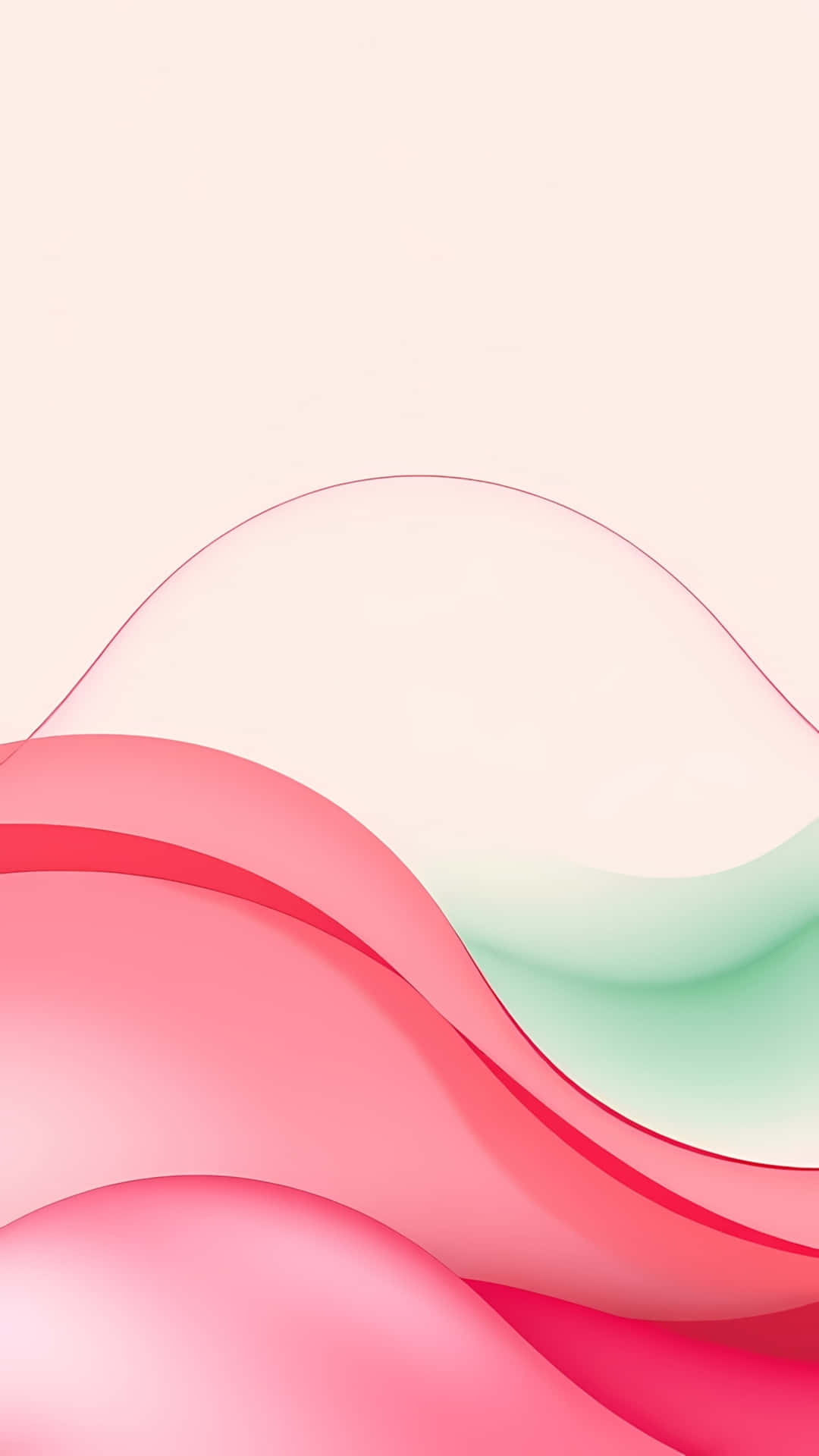 Soft Pastel Gradient Waves Minimal Background 壁紙 — 粉紅色和薄荷綠色的柔和流動波浪在淡米色背景上滑動，呈現極簡數位藝術風格。