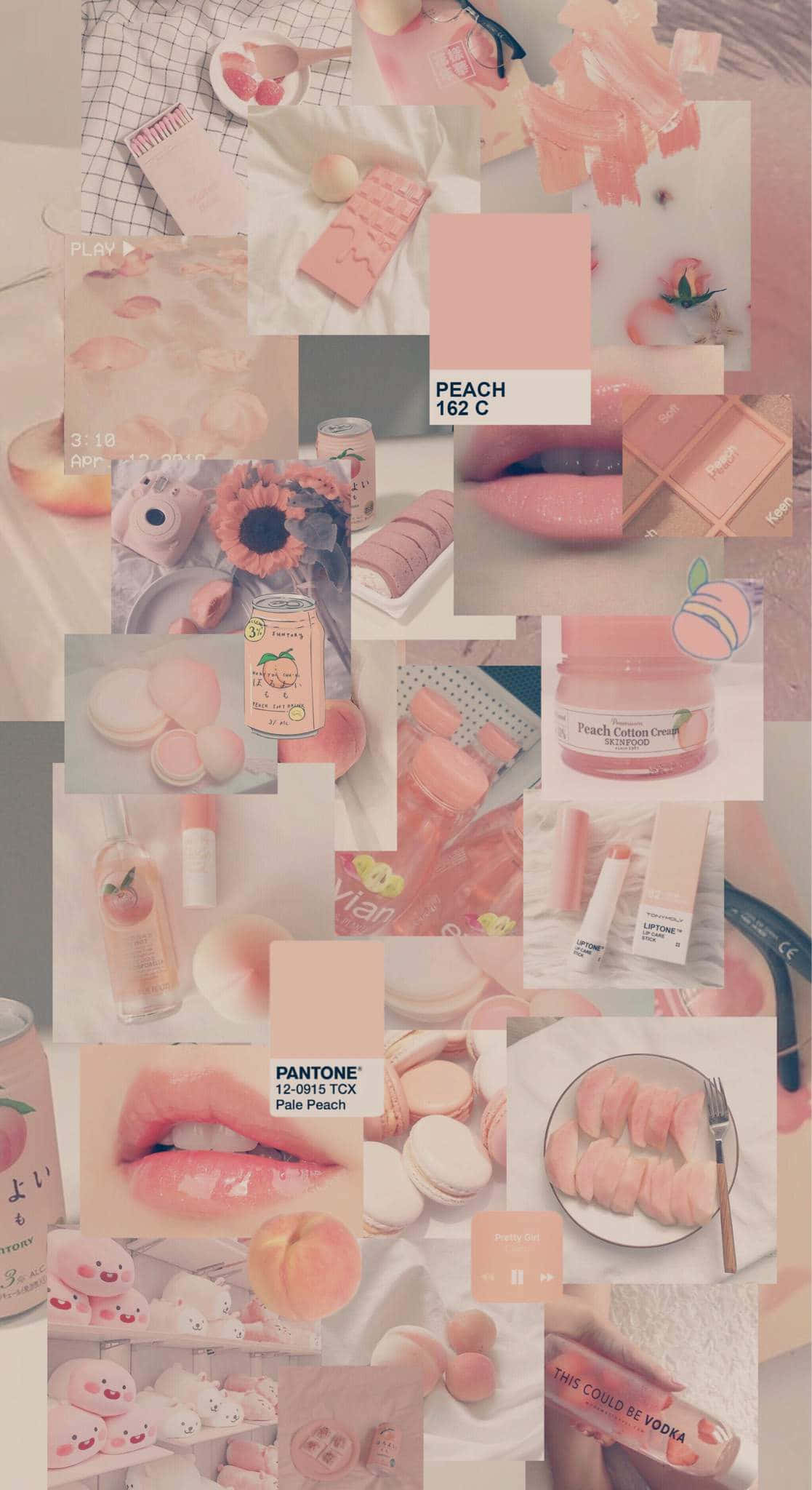 Peach Aesthetic 桌布 壁紙 — 柔和蜜桃色主題拼貼畫，包含唇部產品、馬卡龍和可愛文具，以夢幻美學排列。