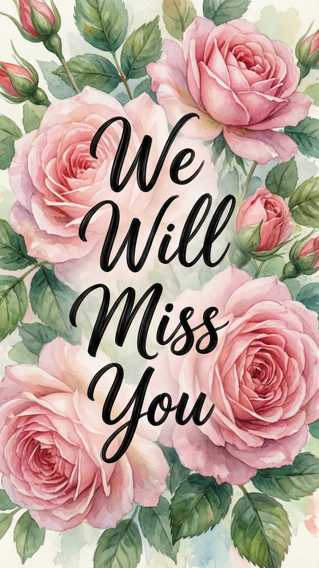 粉紅玫瑰和綠葉圍繞著「We Will Miss You」的訊息，以優雅的黑色字體呈現。