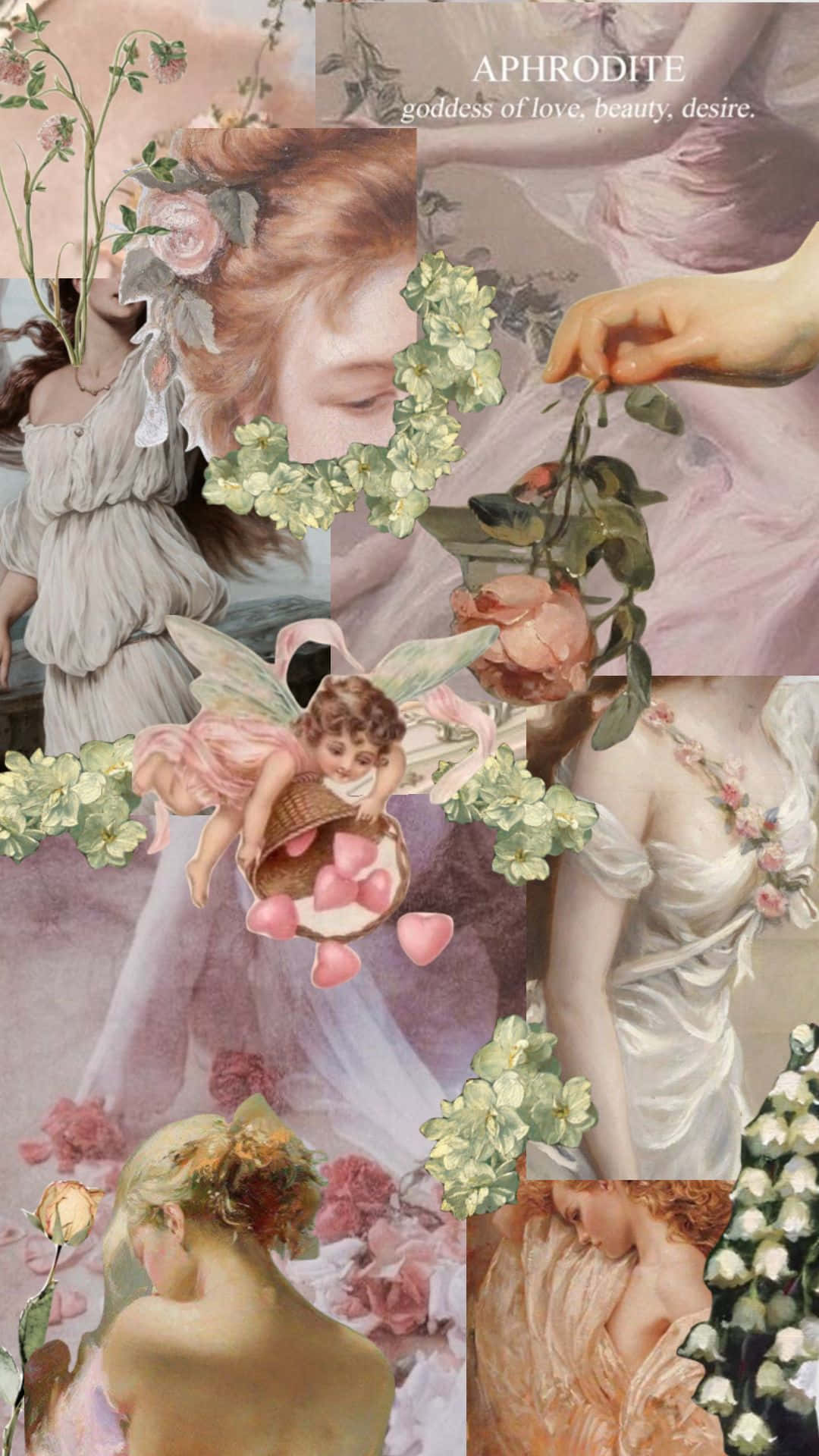  壁紙 — 柔和浪漫的拼貼畫，描繪古典女神和小天使，周圍環繞著盛開的花朵和飄逸的布料，採用柔和色調。