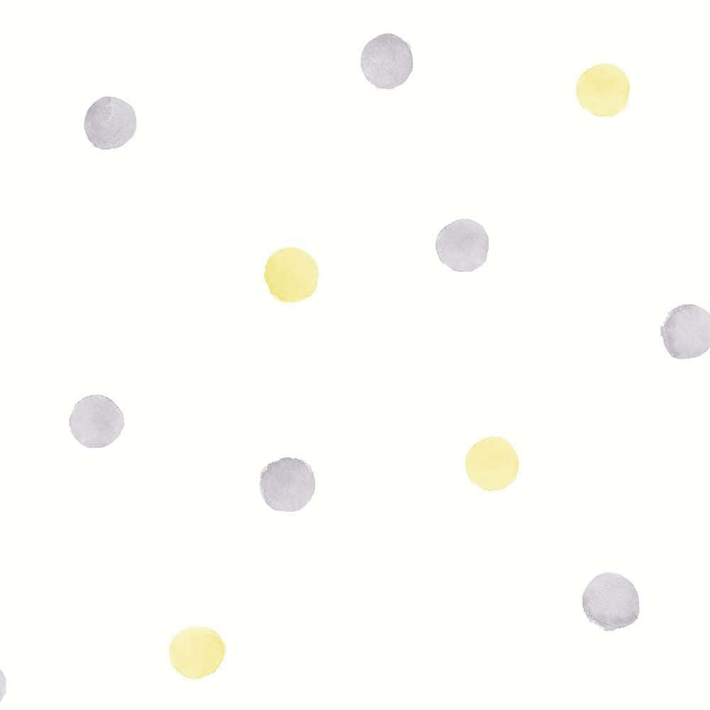 Yellow Polka Dot 桌布 壁紙 — 柔和的水彩圓點圖案，黃色和灰色，漂浮在潔白的背景上。