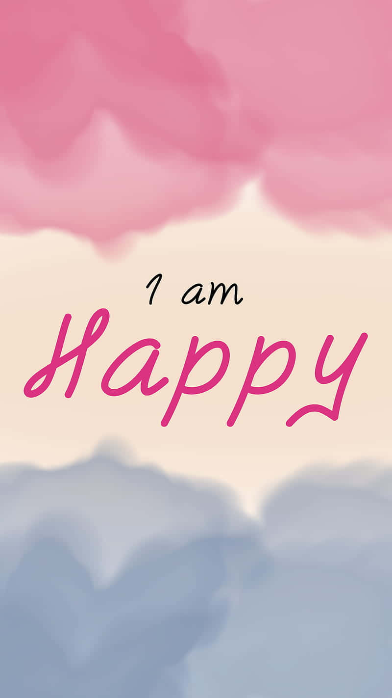  壁紙 — 柔和的水彩天空，粉紅和藍色的雲朵襯托著「I am Happy」這句俏皮字句。