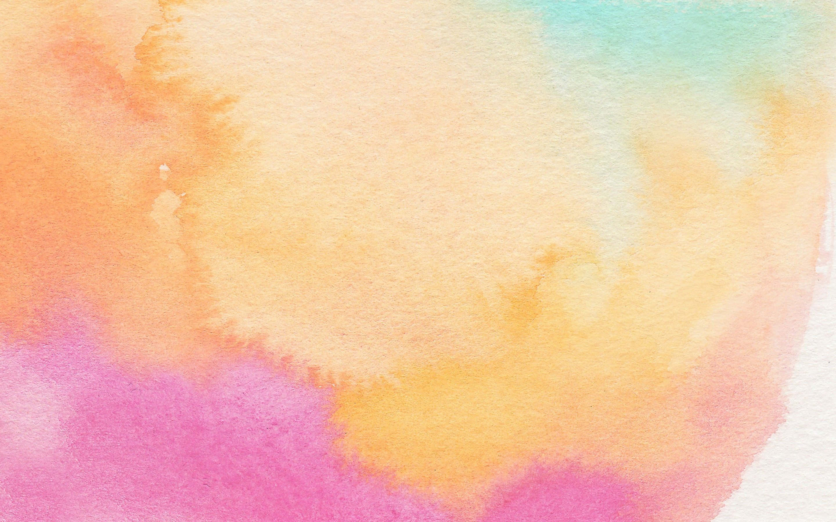 Pink Watercolor 桌布 壁紙 — 柔和的水彩洗滌在紋理紙上混合了桃色、黃色、藍綠色和粉紅色，營造出夢幻般的抽象背景。