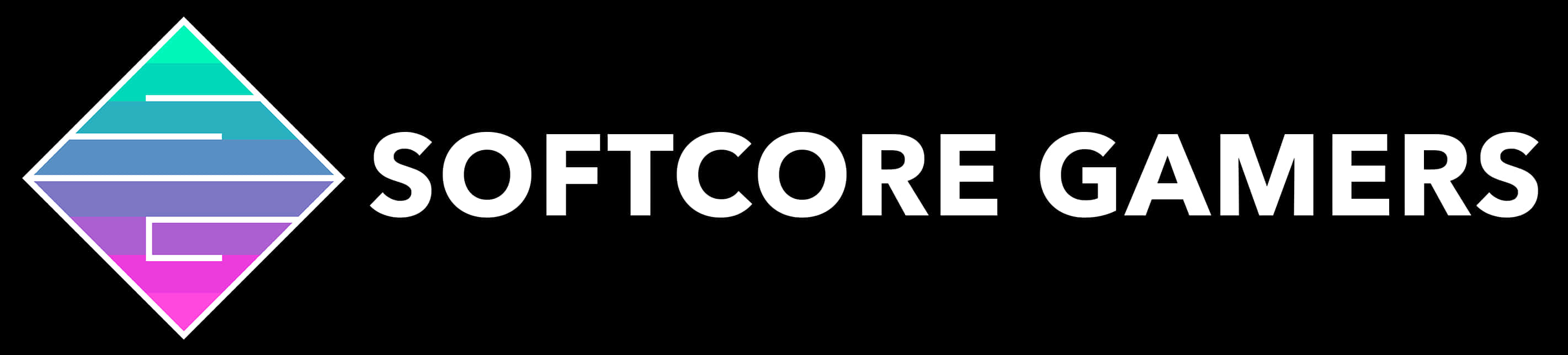 Softcore Gamers標誌 壁紙 — 一個時尚的標誌，帶有漸變鑽石和黑色背景上的粗體白色文字。