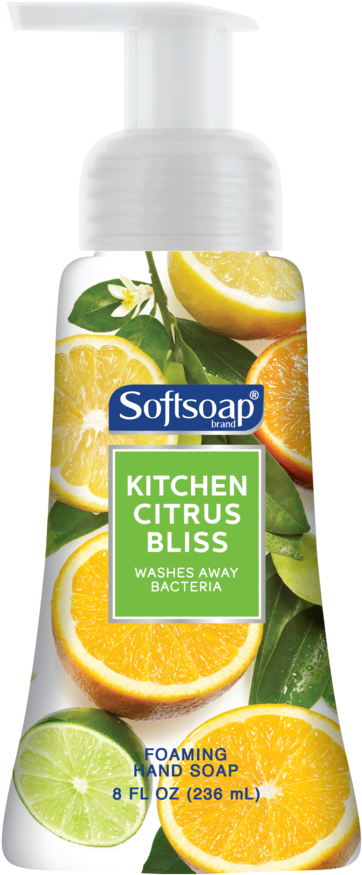 Softsoap廚房柑橘樂趣洗手液 壁紙 — 一個白色泡沫洗手液瓶，標籤為 Kitchen Citrus Bliss，在乾淨的白色背景上展示鮮豔的檸檬、橙和青檸切片，配以綠葉。