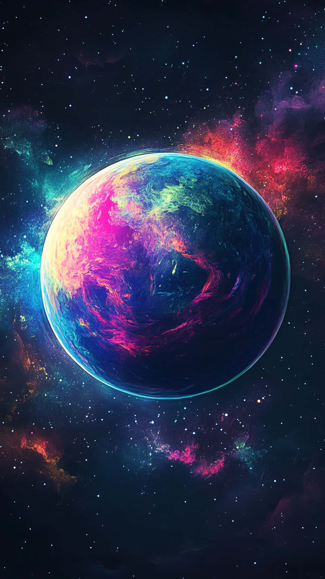 一顆色彩繽紛的行星，在星光燦爛的宇宙星雲中有旋轉的雲彩，並有發光的紅色和藍綠色雲彩。