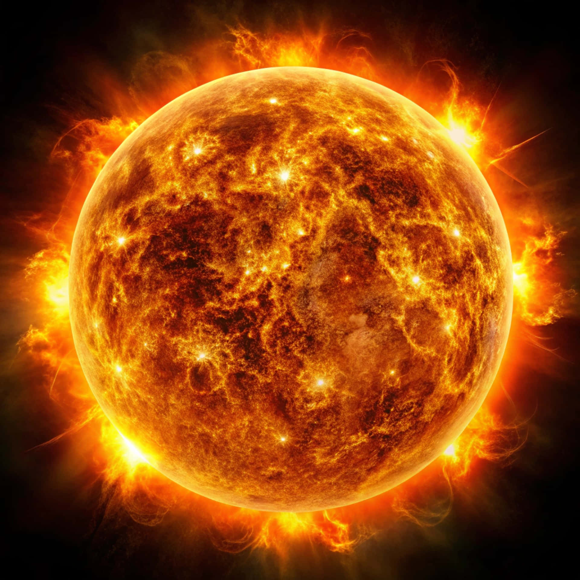 一顆燃燒的太陽，強烈的橙色和黃色太陽耀斑噴射到太空中。