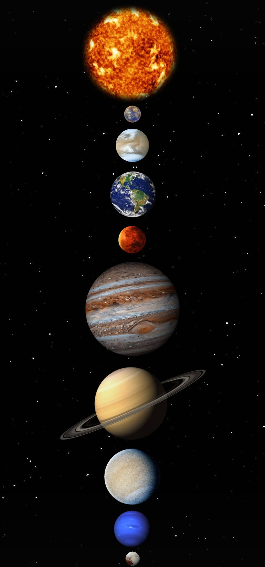 太陽和行星在太空中垂直排列，背景有星星。