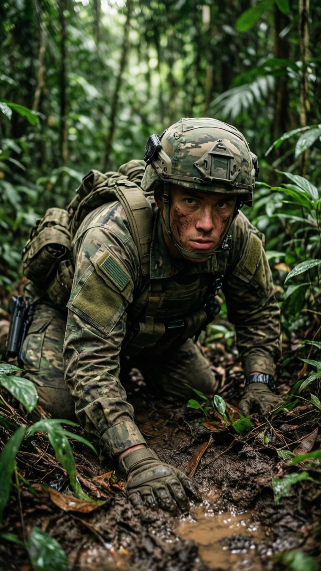 Jungle Crawl 壁紙 — 一名全副武裝的士兵帶著強烈的專注力爬過泥濘的茂密叢林地形。