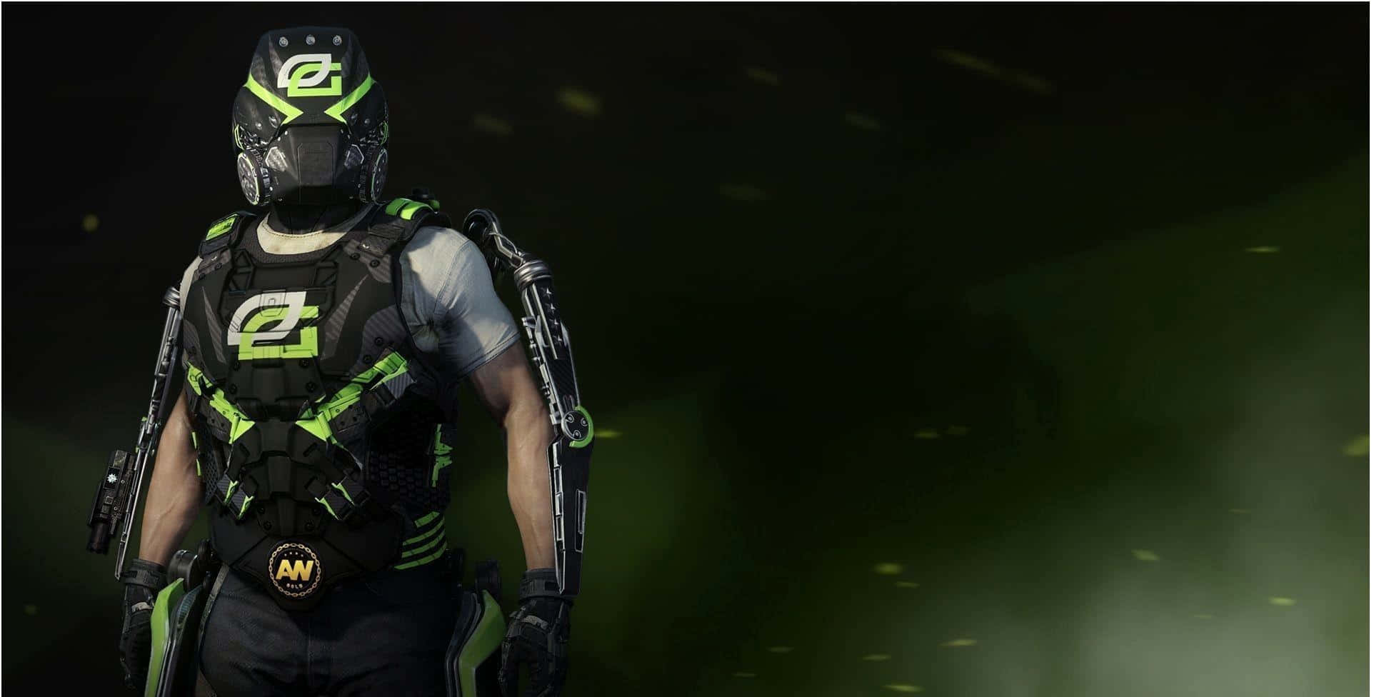 Optic Gaming 桌布 壁紙 — 一名身穿黑色和螢光綠色戰術裝備的士兵站在煙霧瀰漫的黑暗環境中，周圍漂浮著發光的粒子。