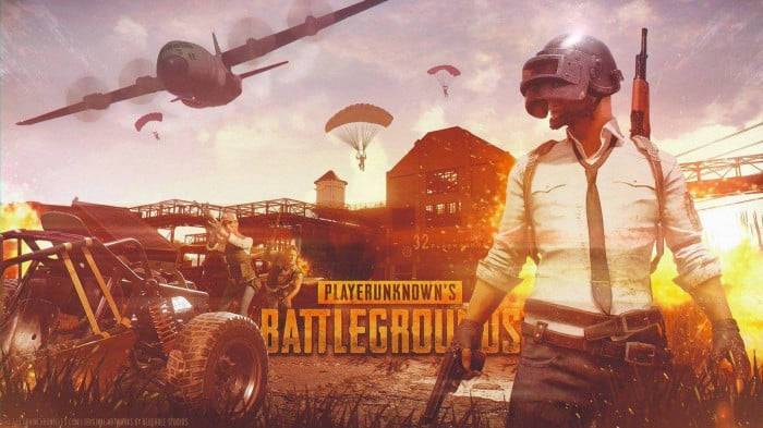 身穿戰鬥裝備的士兵在烈火戰場上，有降落傘和飛機在頭頂。