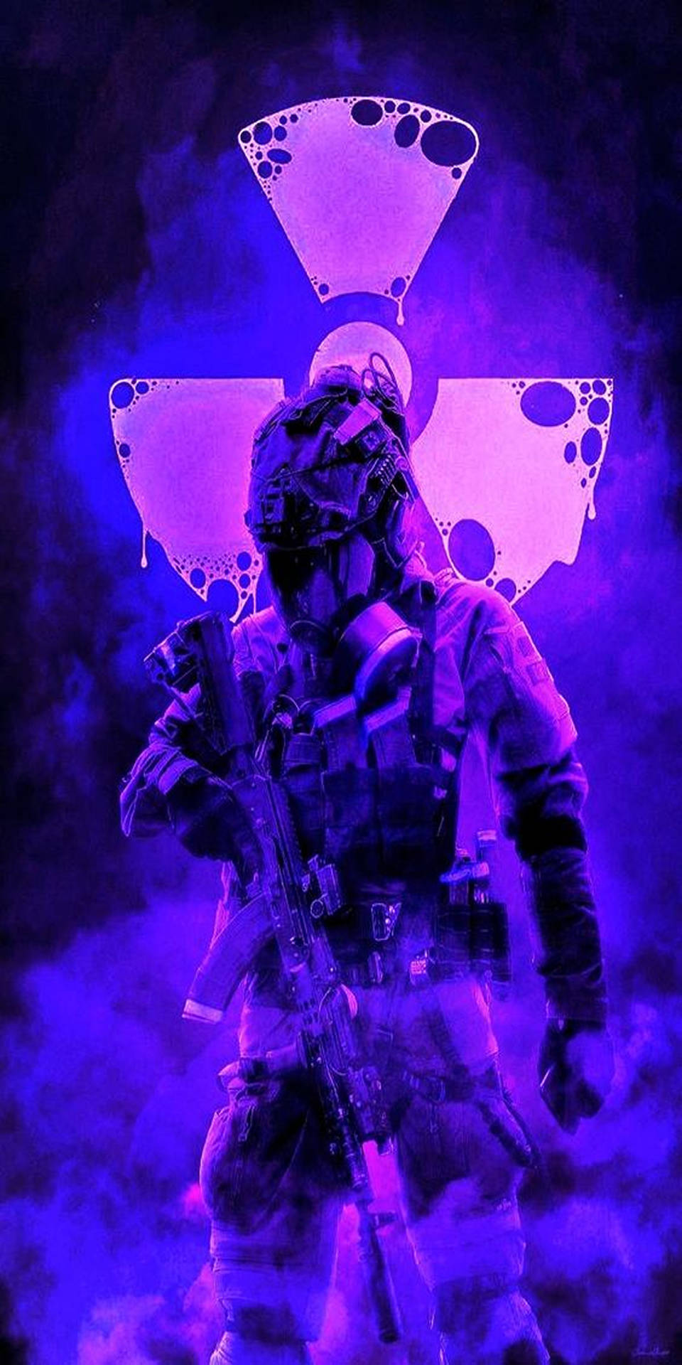 士兵穿著防護服，在紫色煙霧中發光的輻射標誌下持步槍。