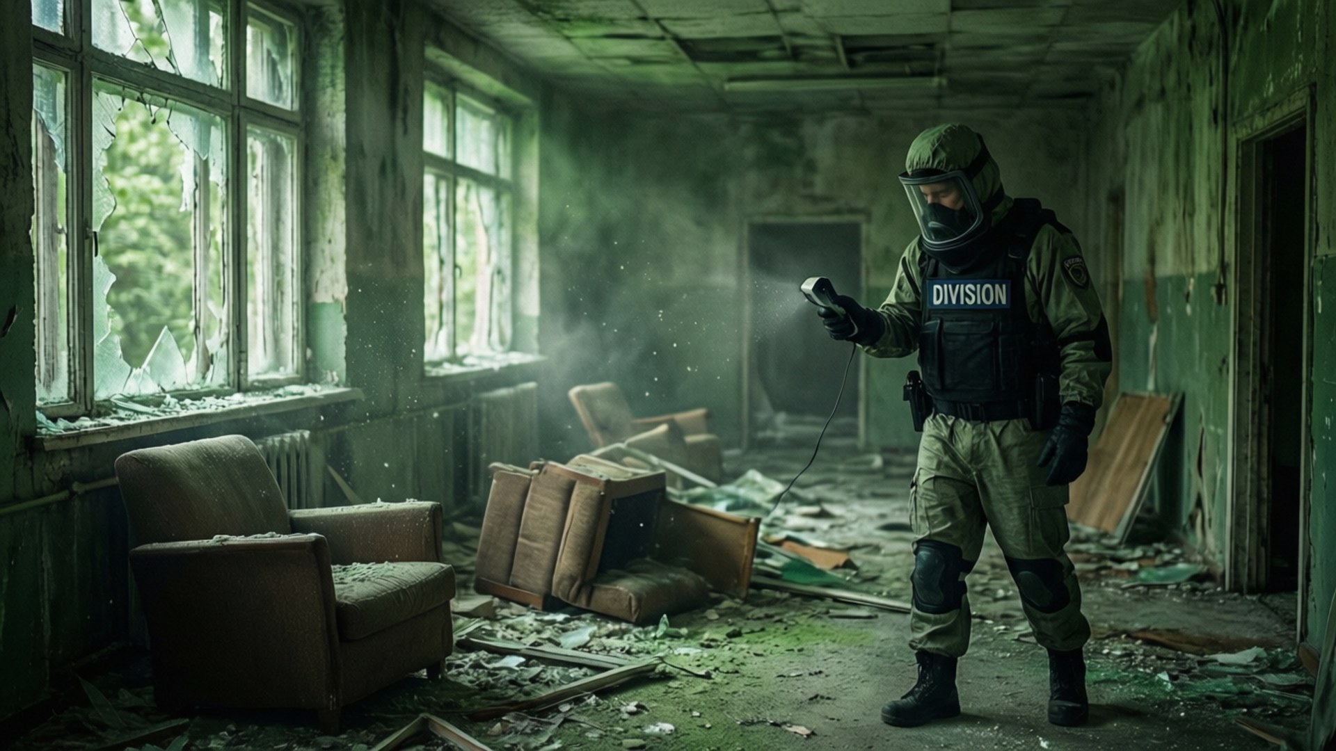 身穿防護服的士兵掃描破損建築，窗戶破裂，瓦礫遍佈。