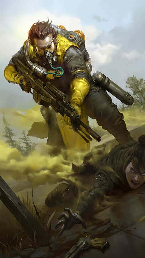  壁紙 — 一名身穿黃色盔甲的士兵在多雲的天空下，在塵土飛揚的戰場上躍過倒下的戰友。