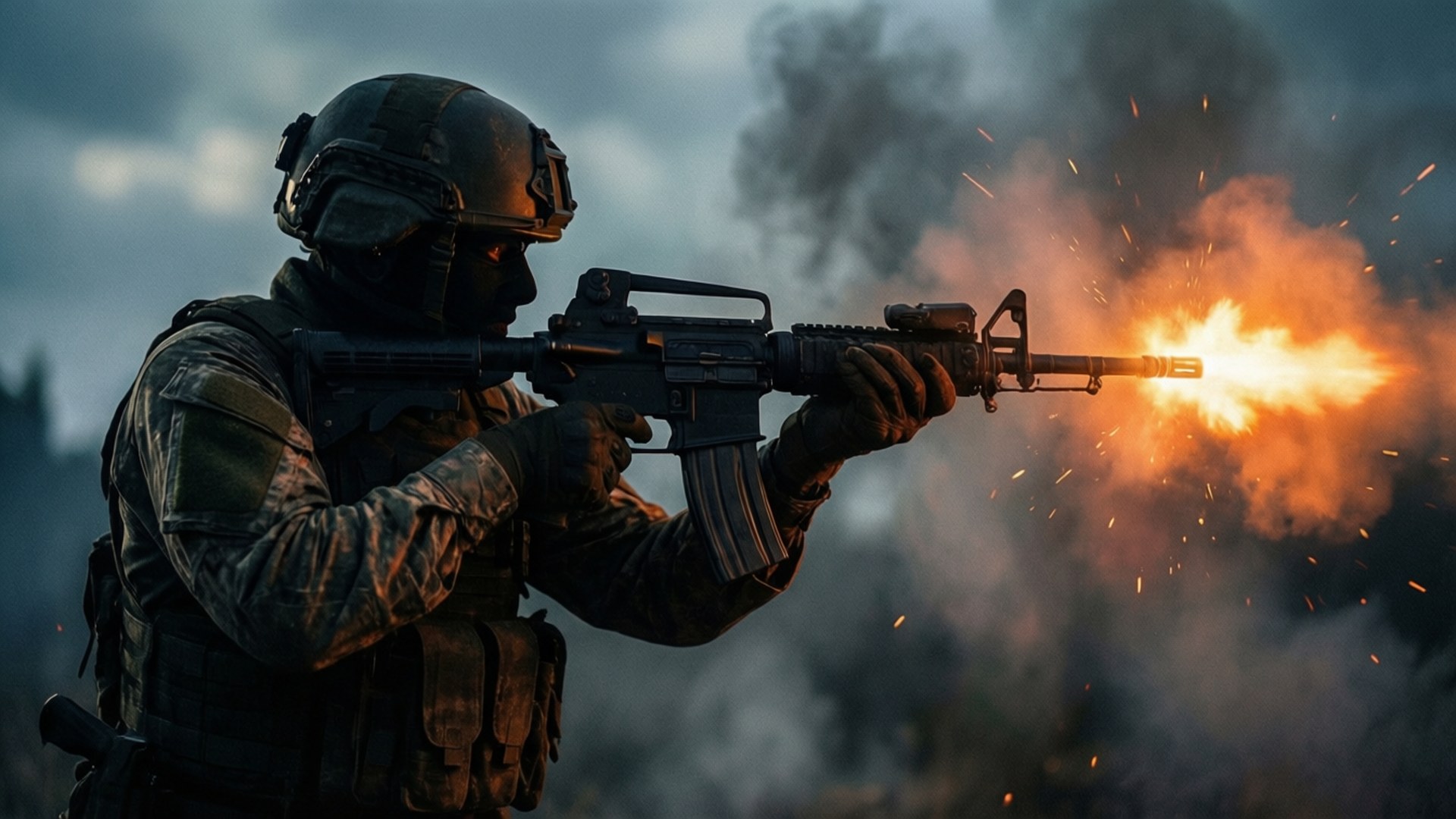 Soldier firing rifle with muzzle flash and smoke in dark sky 壁紙