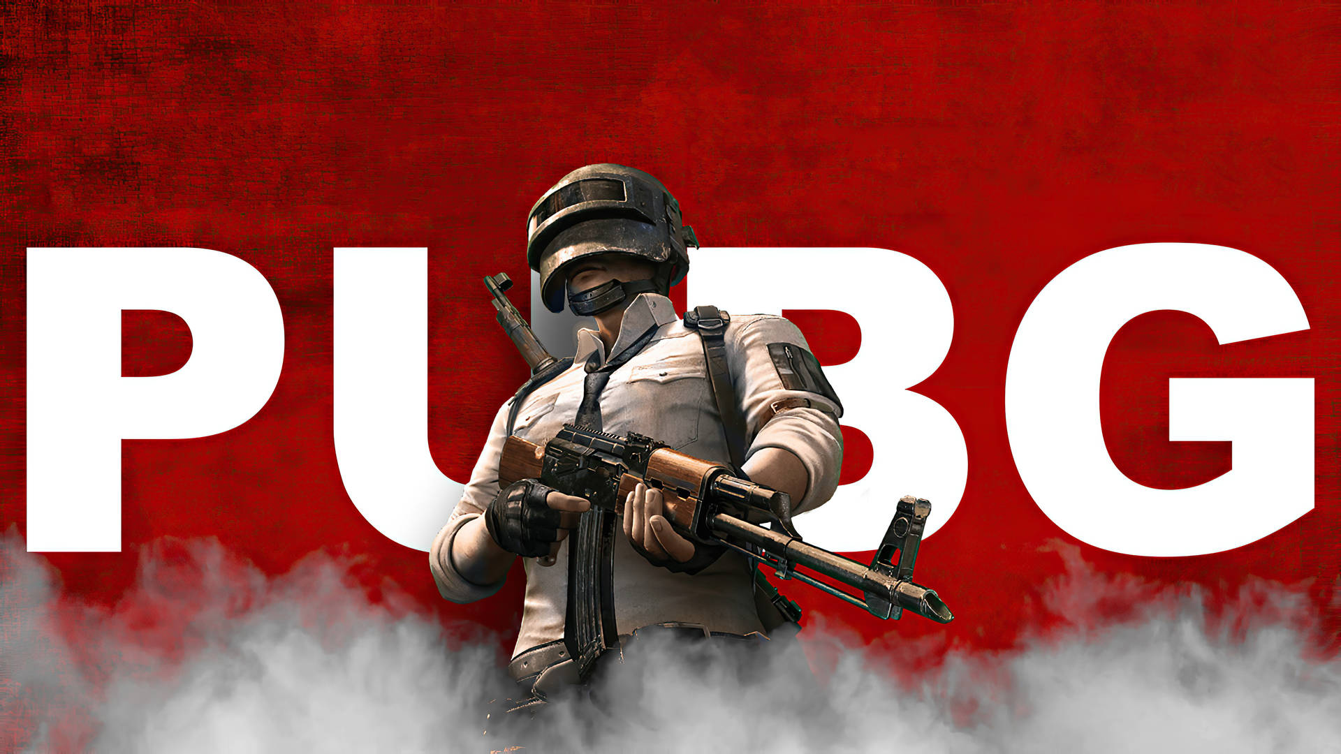 士兵在煙霧瀰漫的 PUBG 標誌場景中持步槍