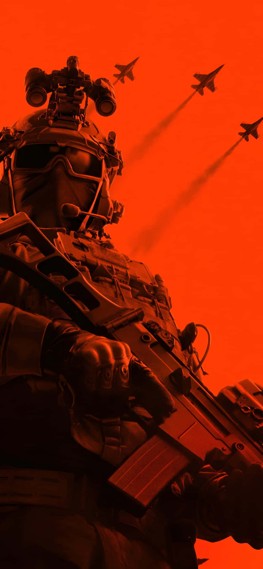 壁紙 — 一名全副戰鬥裝備的士兵在熾熱的橙色天空下持步槍，戰鬥機從頭頂呼嘯而過。
