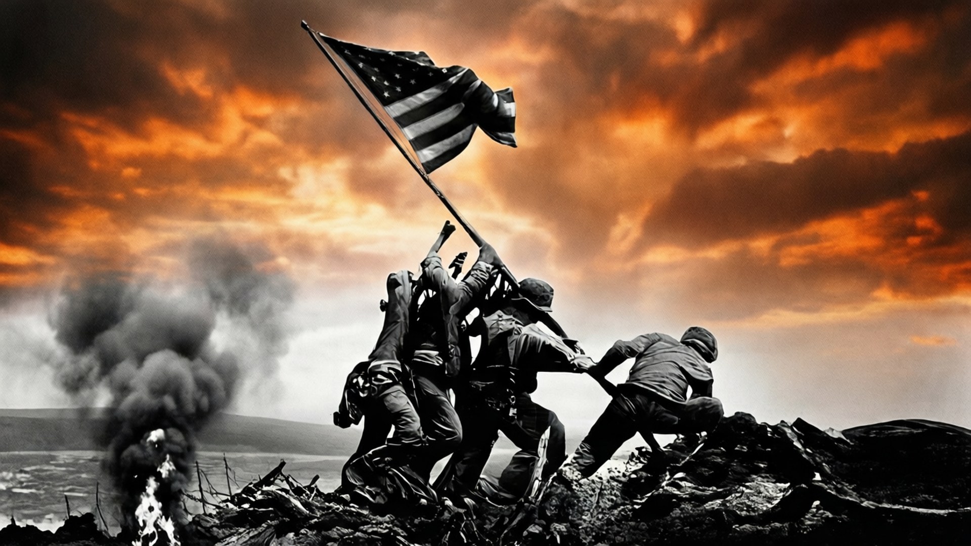 WW2 US 桌布 壁紙 — 士兵在戰火摧殘的山丘上升起美國國旗，下方煙霧升騰，天空呈現火橙色。