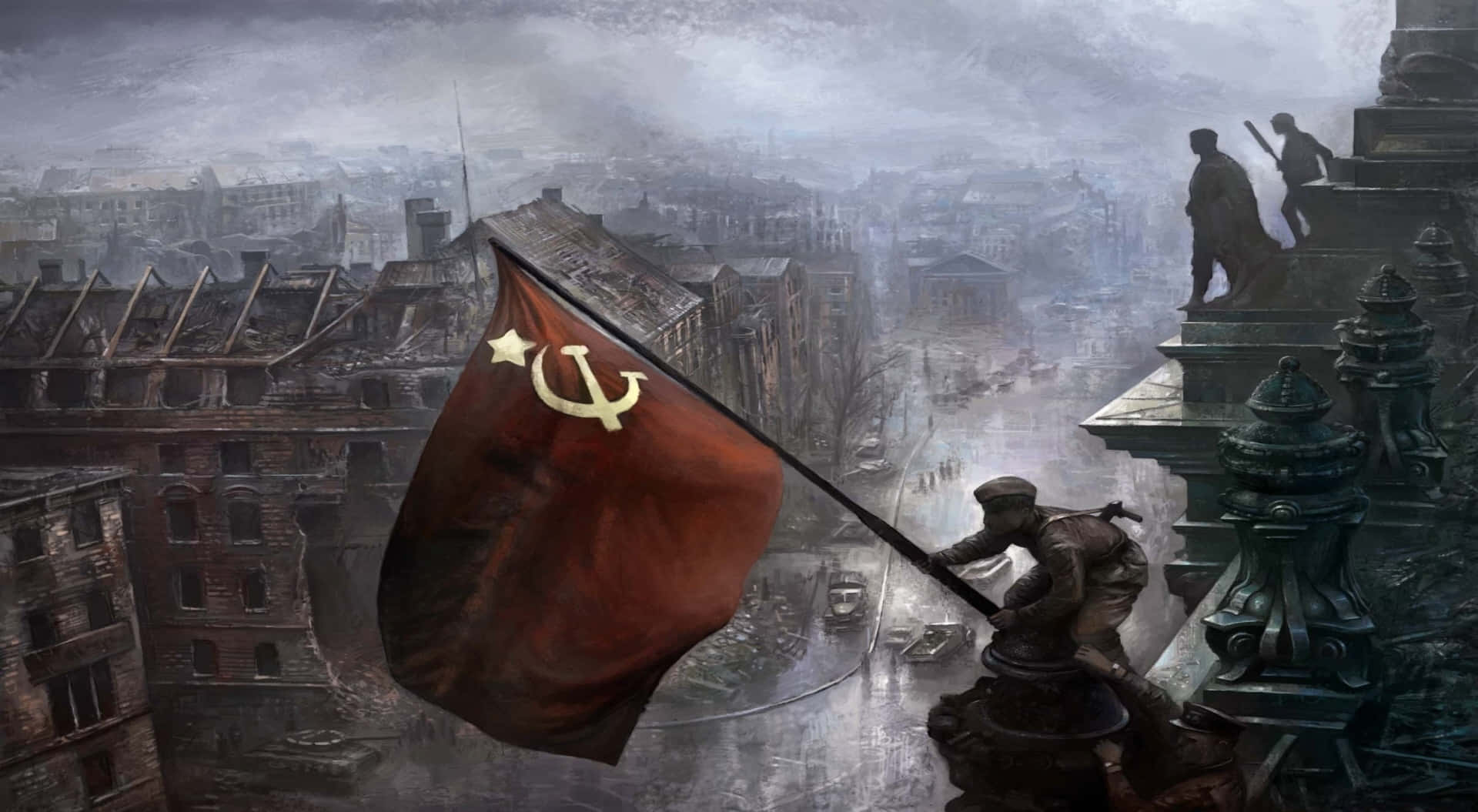 World War 桌布 壁紙 — 士兵們在陰沉天空下，於廢墟城市景觀頂部升起蘇聯國旗。