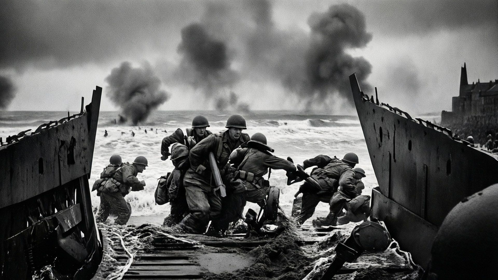 Omaha Beach Landings WW2 桌布 壁紙 — 士兵衝過洶湧波濤登陸，遠方爆炸濃煙滾滾，呈現一幅黑白戰爭場景。