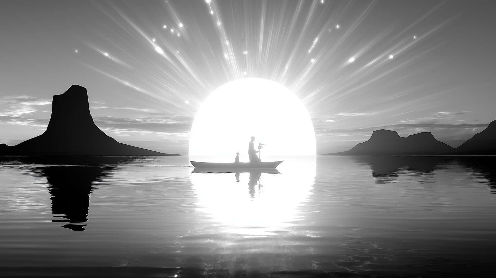 Solemn Voyage: Boat Against a Blazing Horizon 壁紙 — 一個孤獨的身影在小船上，以升起的燦爛太陽為背景，映襯在平靜的水面和山巒倒影中。