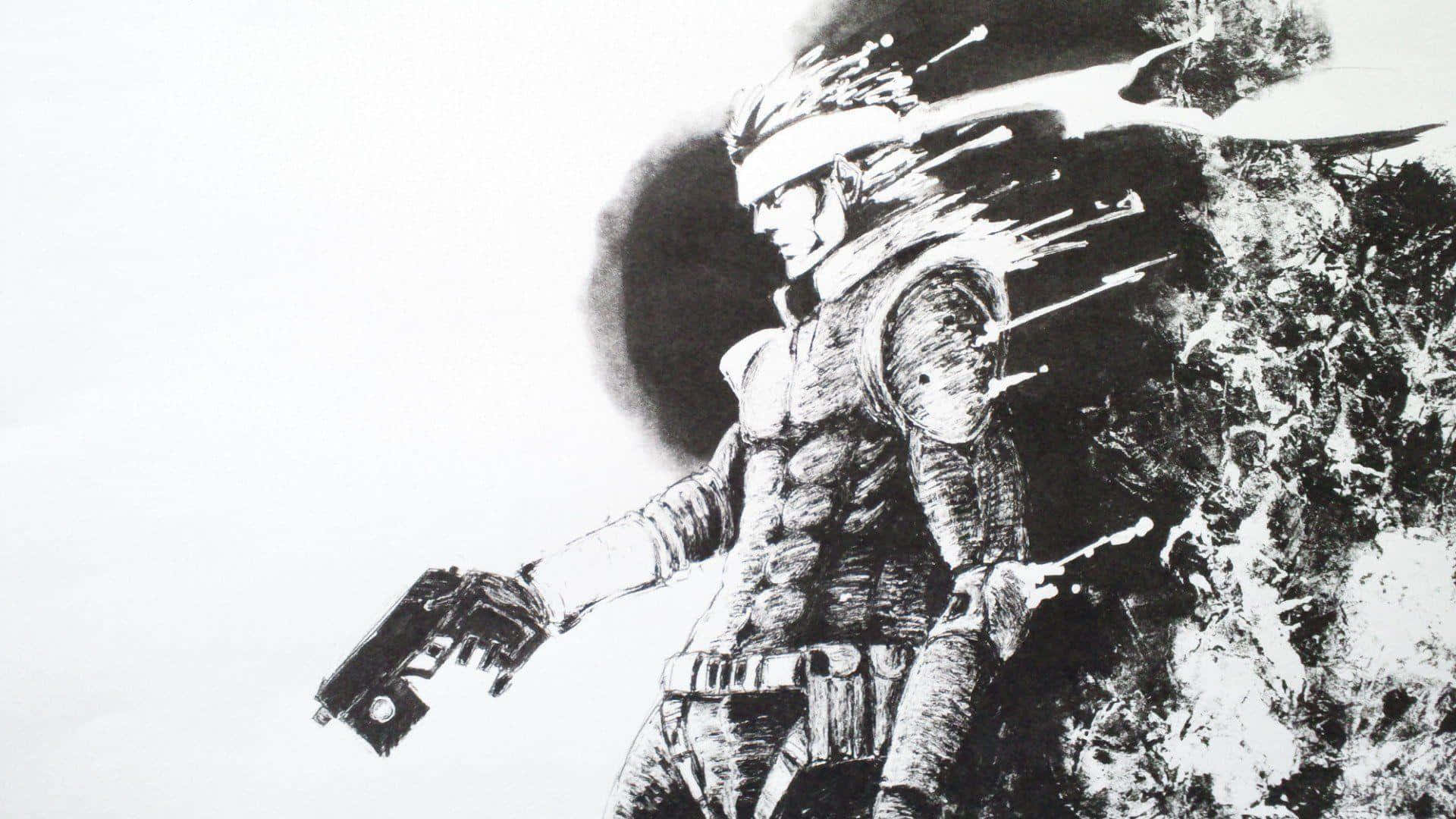 Solid Snake —— 潛行傳奇 壁紙 — 一幅粗糙的黑白插圖，描繪一名戴面具的戰士開槍，帶有爆炸性的動作線條。