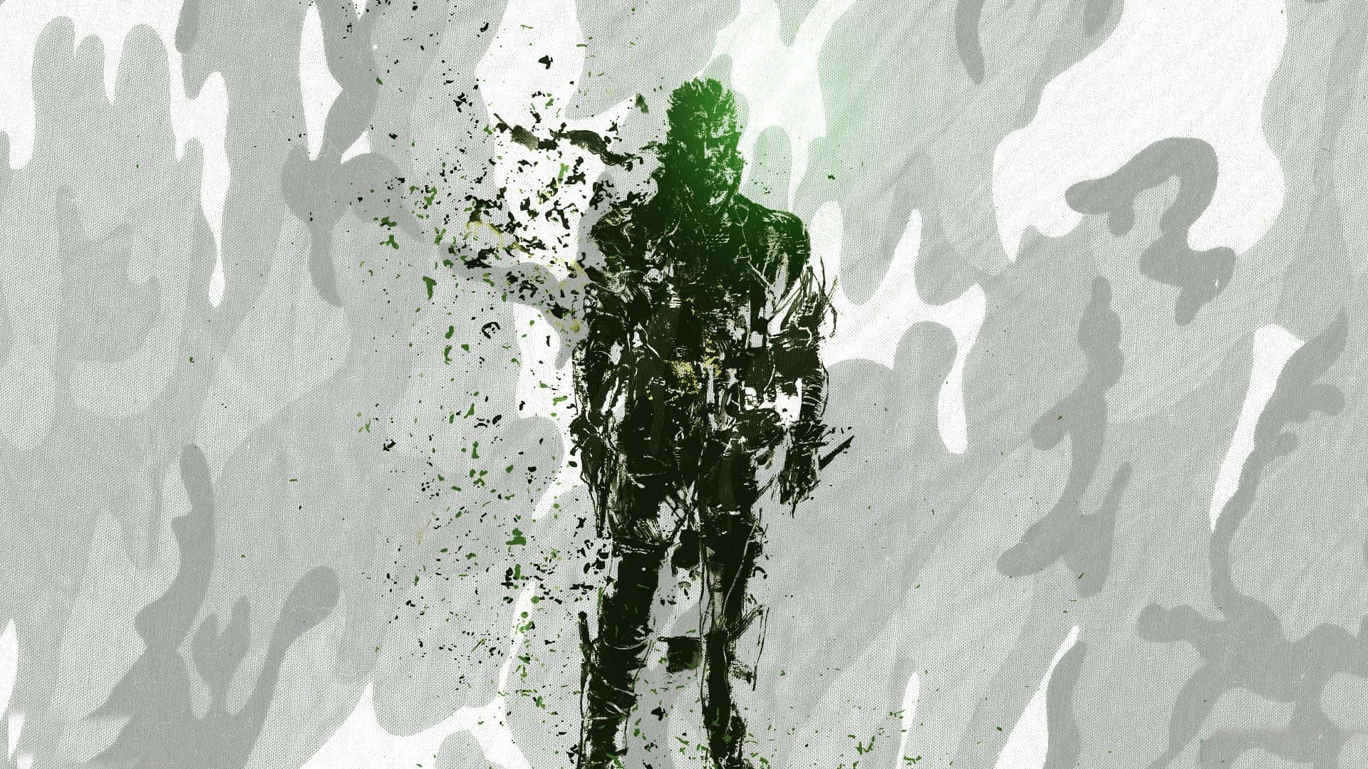 Solid Snake 在行動中 壁紙 — 一個風格化的綠色潑濺人物站在帶有紋理筆觸的灰色迷彩背景前。