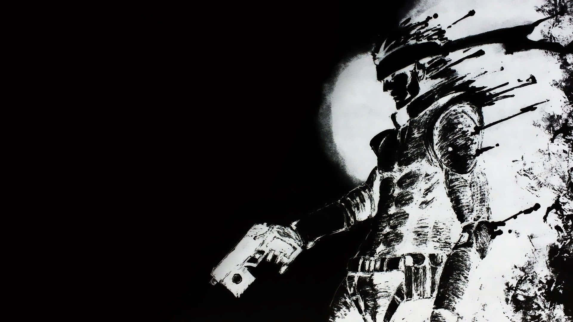 傳奇英雄 Solid Snake 壁紙 — 一幅粗糙的黑白插圖，描繪一個戴面具的人物在月光映襯下握著手槍。