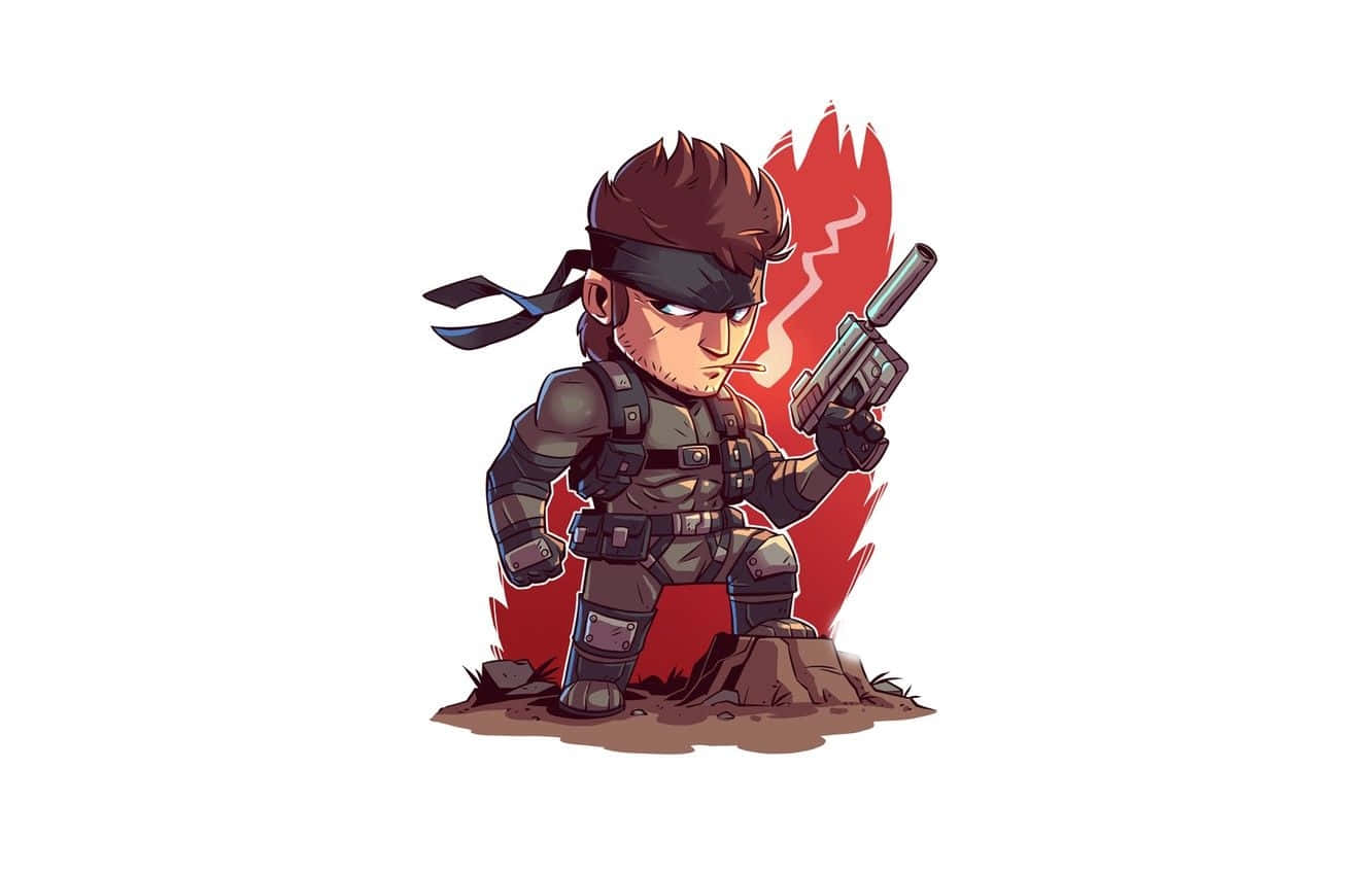 動畫版 Solid Snake 壁紙 — 戴眼罩、持步槍的Q版士兵站在岩石地面上，背景為紅色潑濺效果。